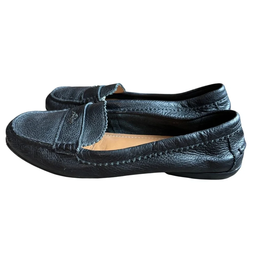 Coach Black Pebbled Leather Driver Loafers Moccassin Flats Gunmetal Logo Womens